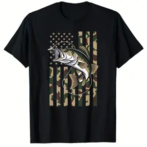 Camo US Flag Bass Fish Fishing Patriotic Men Women Summer Shortsleeve Cotton T-Shirt