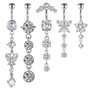 Belly Piercings 14G Dangle Belly Button Rings 5PCs/set Stainless Steel Silver Belly Button Rings Dangling CZ Belly Rings for Women Silver Rose Gold Belly Button Piercing Jewelry bellyrings
