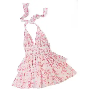 Women's Summer Sundress Sleeveless Halter Neck Spring 2026 Floral with Pocket Elastic Waist Ruffle Mini Dresses,A Line,Plants, Ditsy Floral, All Over Print