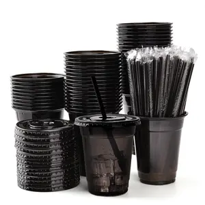 100 Set Black Plastic Cups with Lids and Straws 12 oz Disposable Drinking Clear Cups for Wedding Black Birthday Party Supplies