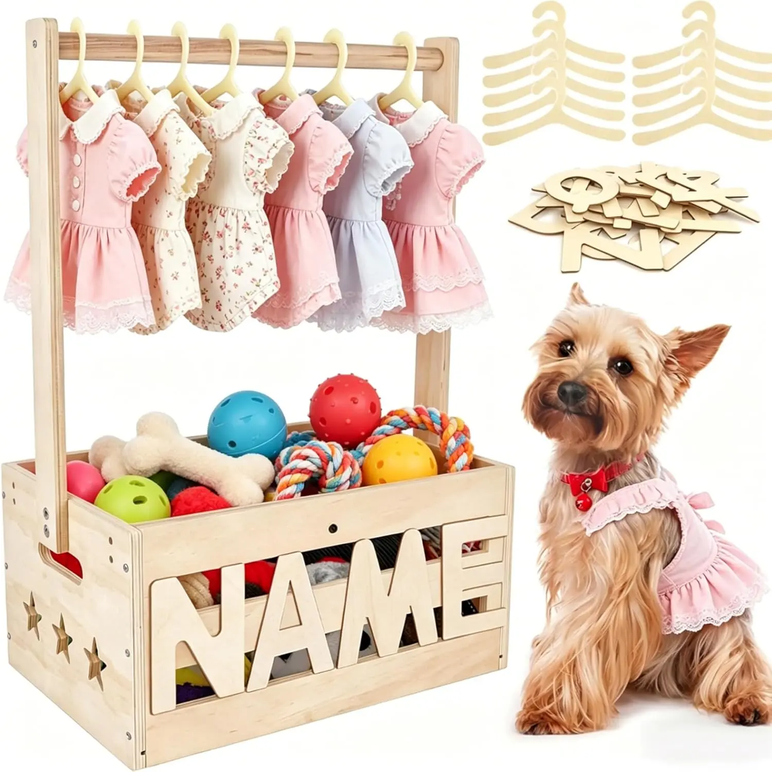 13.5"x9.5"x20.1" Wooden Pet Wardrobe Closet with Hangers, Personalized Alphabet Letters & Sticker, Easy Assembly Crate for Dog/Cat Closet, Dog Closet Organizer for Toys Clothes and Accessories