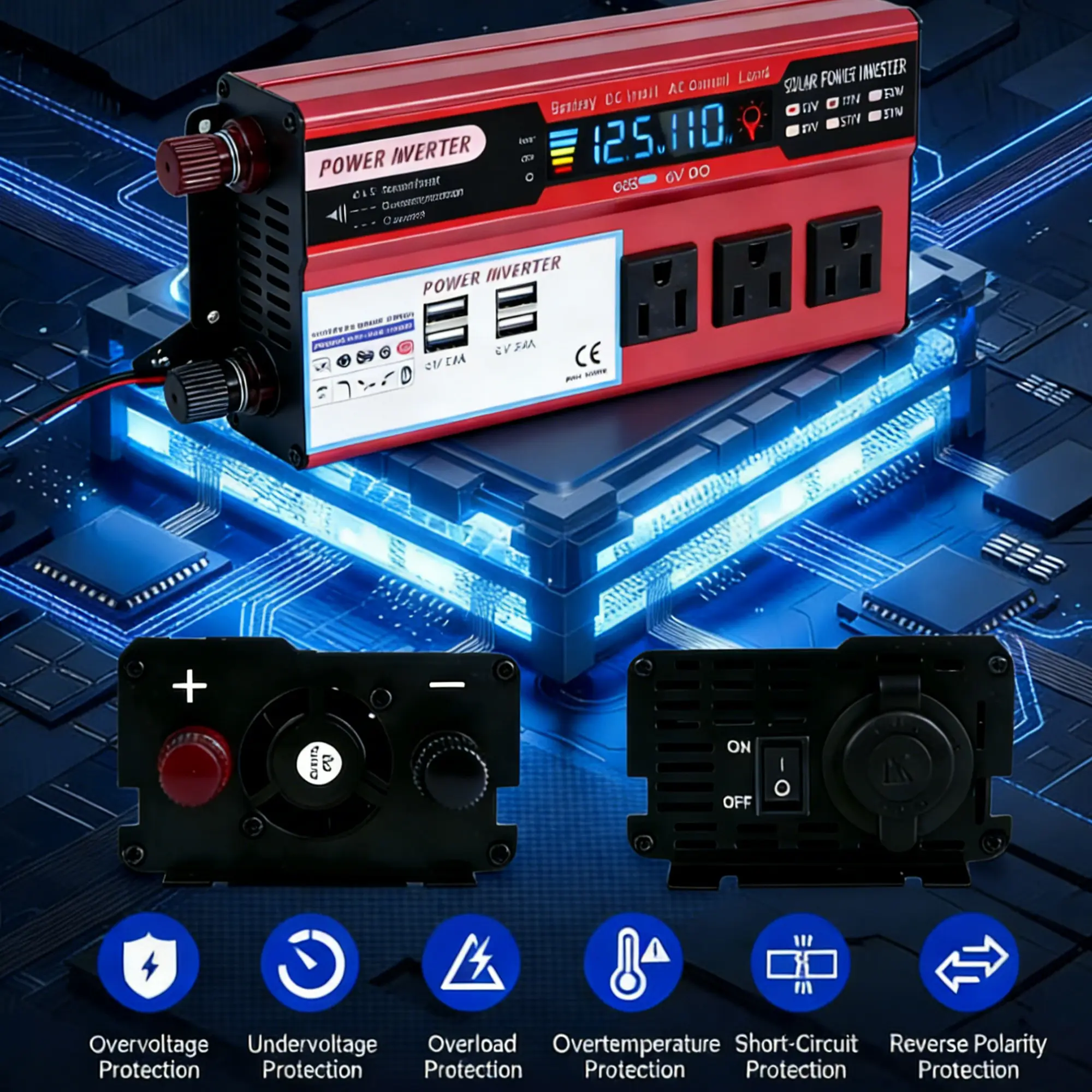 1000W Portable Car Power Inverter - 12V DC to 120V AC 1000w Device Power Converter with Large LCD Screen, LCD Display, 3 AC Outlets, 4 USB Ports, Cigarette Lighter Plug, Battery Clamps for Car Emergencies, Home Backup