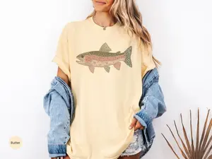 Comfort Colors Patchwork Rainbow Trout Shirt, Quilt Cottagecore Fish Tee, Aesthetic camping tshirt, Outdoorsy gift, Fishing shirt,Lake shirt