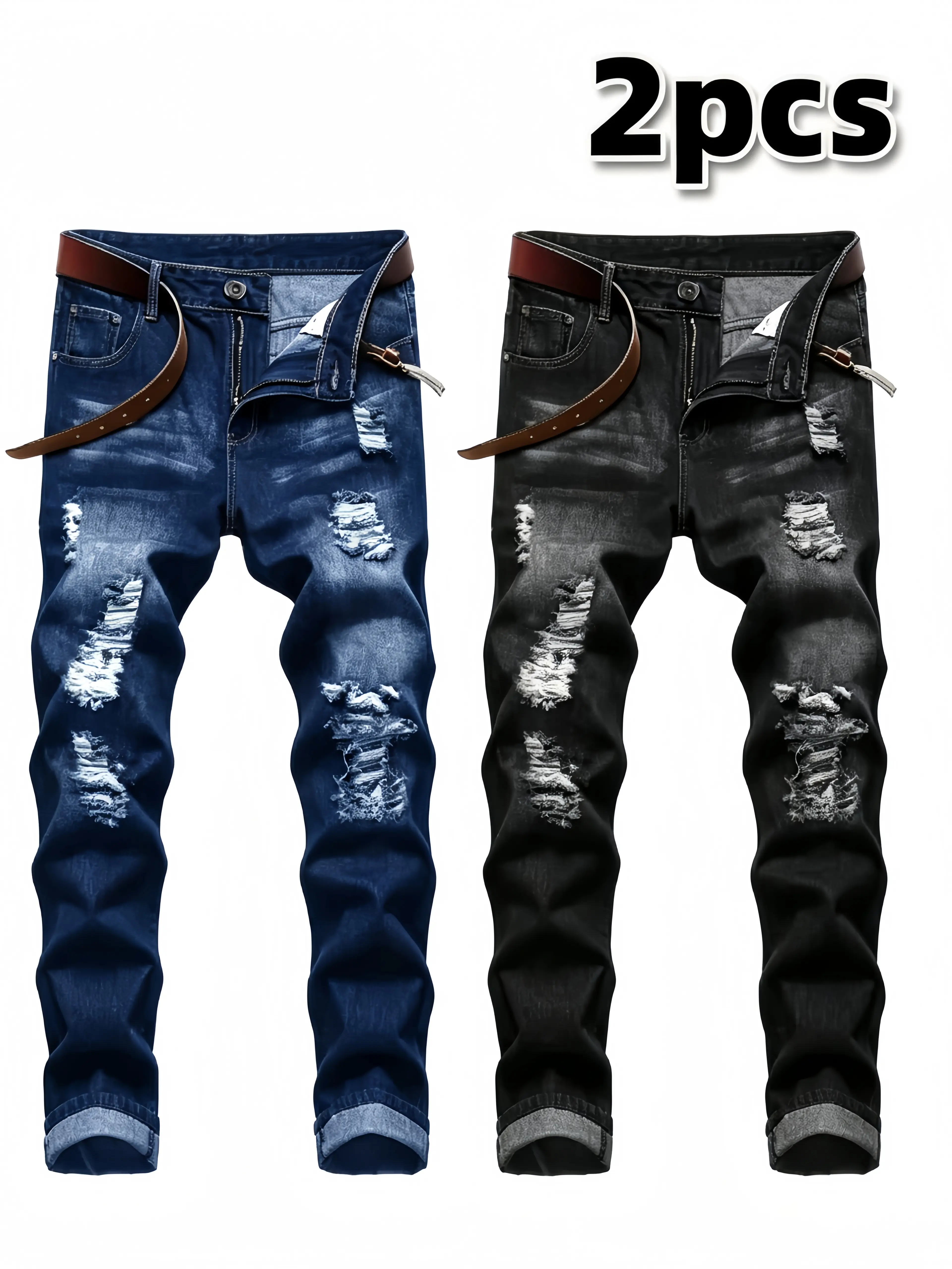2Pcs Men Slim Fit Distressed Ripped Stretch Denim Jeans, Grunge Style Straight Leg Skinny Pants, Trendy Casual Versatile Daily Outfit Denim Trousers  Men'S Jeans: Trendy Ripped Jeans Menswear Streetwear Pocket