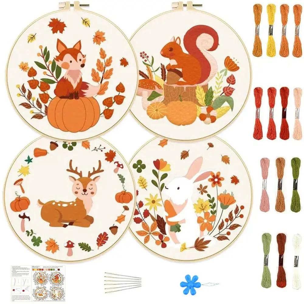 4-Piece Autumn Forest Animal Embroidery DIY Art Kit, Beginner-Friendly Sewing Set, Includes Fabric, Thread, Tools, Instructions