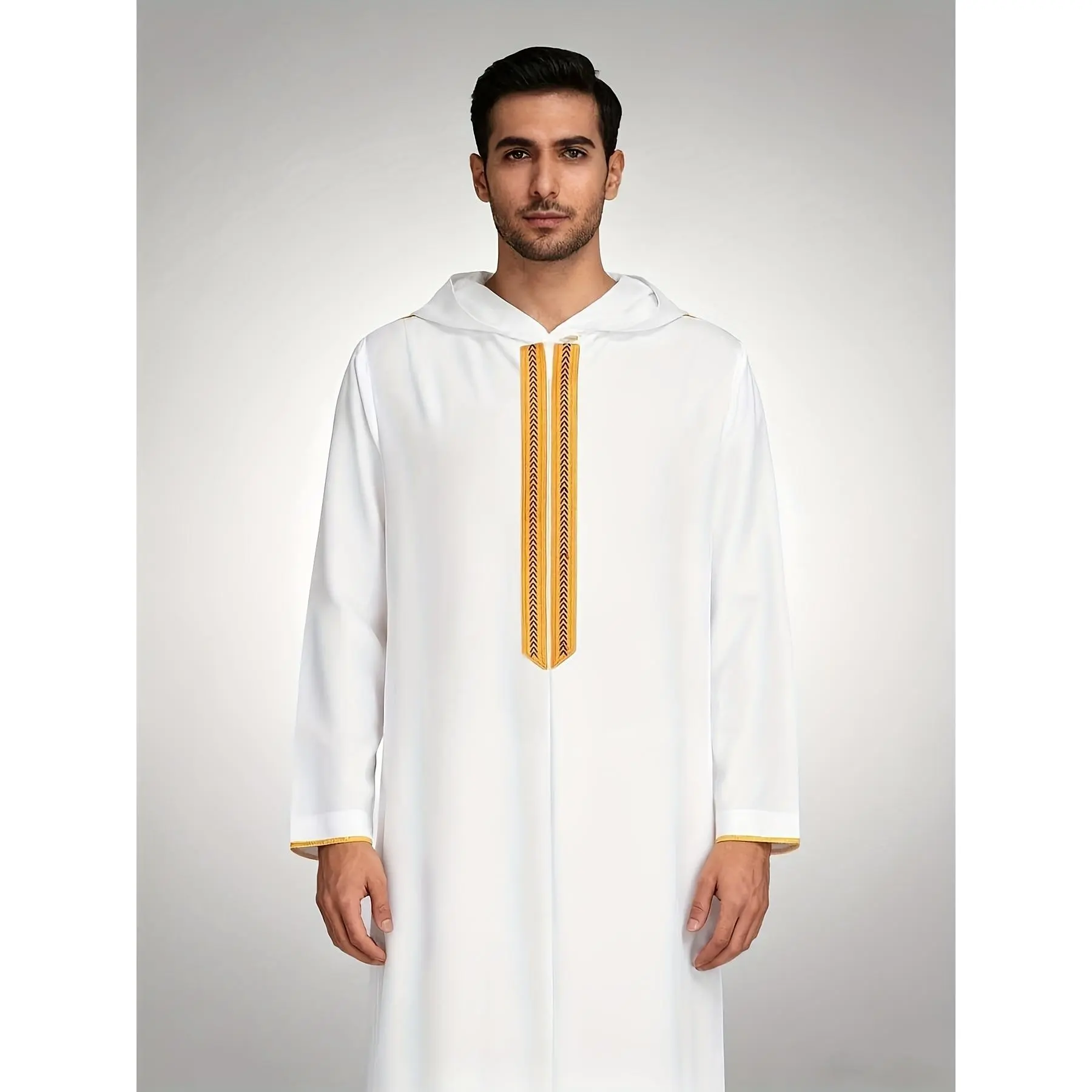 Men's White Islamic Thobe Abaya with Golden Arabic Collar & Hood ...