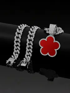 Hiphop Style Five-Leaf Clover Full Diamond Pendant Necklace, Alloy Chain Cuban Link, Street Trend Artisan Jewelry, Good Luck Charm
