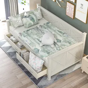 Twin Size Daybed Frame with Storage Drawers, Wooden Daybed with X-Shaped Frame, Modern and Rustic Casual Style Daybed