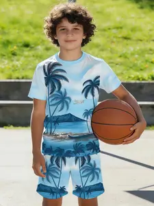 2PCS Kids Loose Short Sleeve & Shorts Set, Clothing Set, Soft & Skin-Friendly, Summer Daily Sports & Casual Wear For Boys