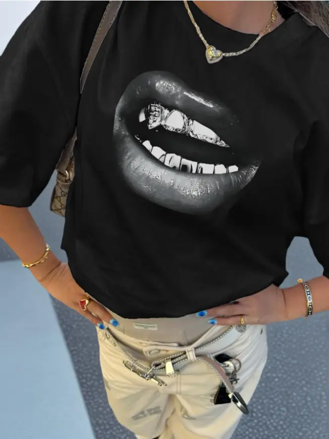Women's Cotton Short Sleeve T-Shirt - Black White Grills Lips Graphic, Breathable Soft Comfortable Casual Top for Street Outings, Party Gatherings, Summer Hip Hop Wear (Pairs with Jeans)