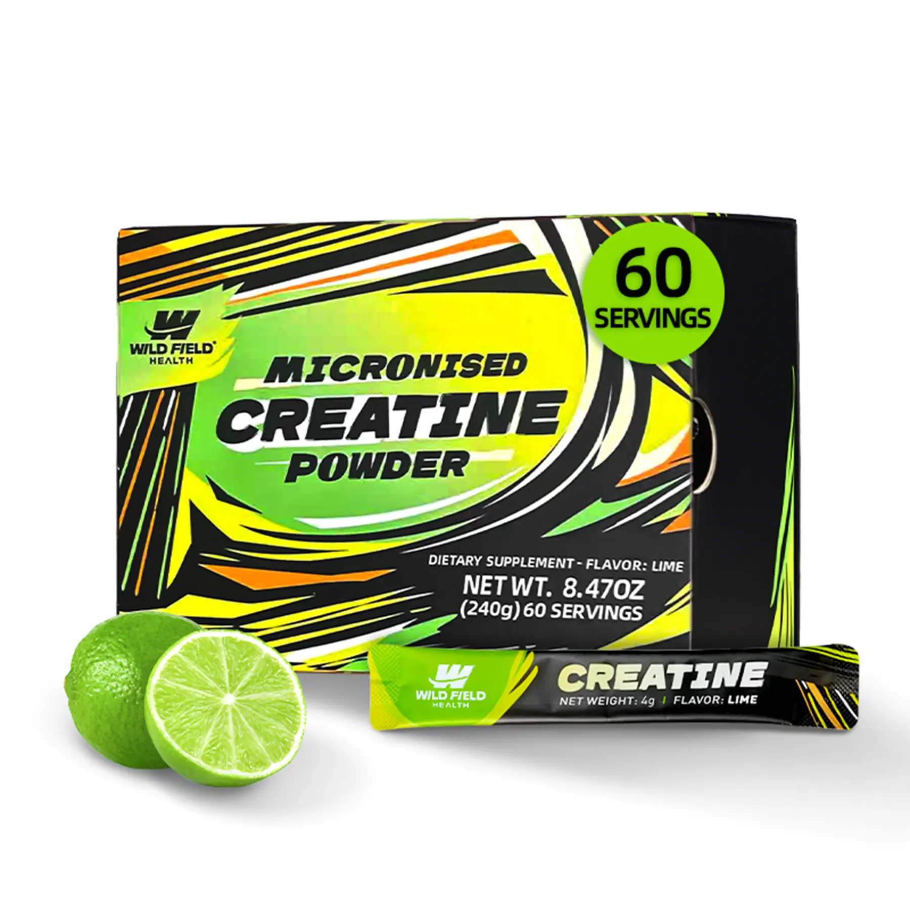 WILD FIELD HEALTH Creatina Monohidratada 3 en 1 en Stickpack – Con Zinc y Magnesio – 4 g de Polvo Micronizado por Sobre – Sabor Lima – Suplemento Fitness