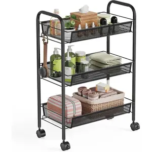 Metal Storage Trolley - Rolling Cart with Mesh Shelves, Portable and Stable Mobile Storage Cart for Bedroom, Kitchen, Bathroom, Toilet, and Living Room Cart With Wheels Bookshelf Rack