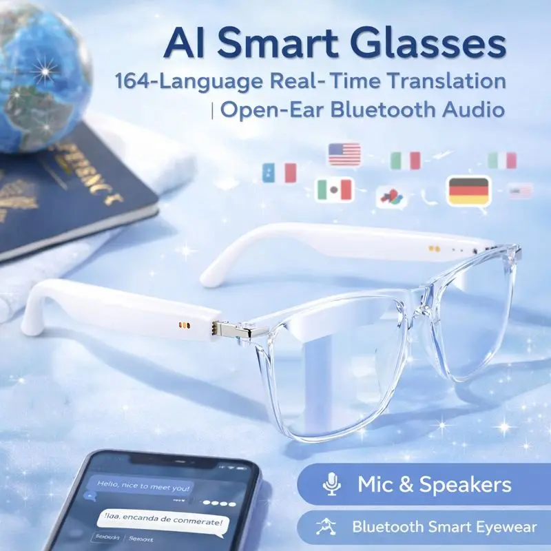 AI Smart Glasses Translator 164 Languages, Open-Ear Bluetooth Audio Eyewear with Mic & Dual Speakers, Hands-Free Calls Music Assistant, Smart Wearable Glasses for Travel Work Gift