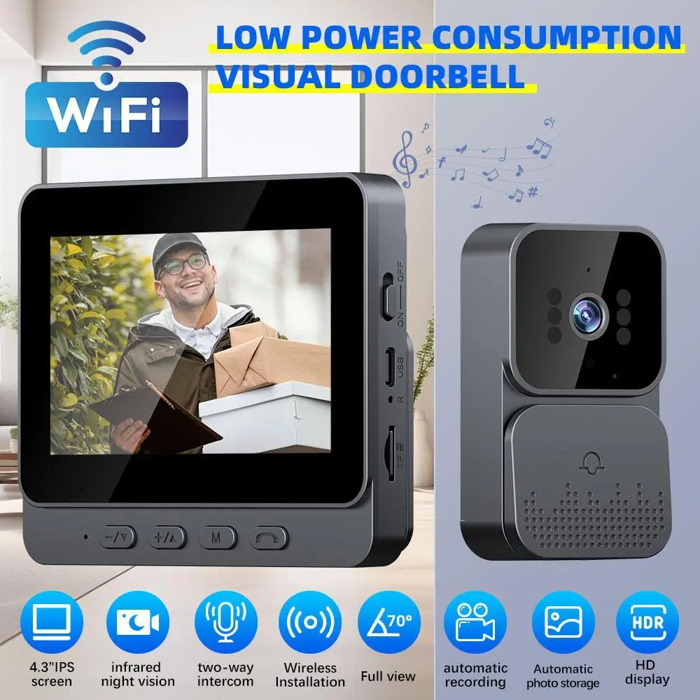 【DealsForYou】Wireless Video Doorbell - Video Intercom System Smart WiFi Video Doorbell with 4.3 Inch 1080P HD Monitor/Night Vision / 170° Viewing Angle for Home Surveillance
