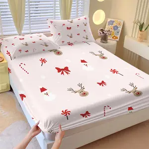 Christmas Theme Fitted Sheet Set, 1 Fitted Sheet and 2 Pillowcases, Light Pink Santa Claus Bow Pattern, Warm & Cute Bed Linen Set, Soft Breathable Fabric, Holiday Gift or Bedroom Decor, Bedsheet Sets, Breathable Sheets