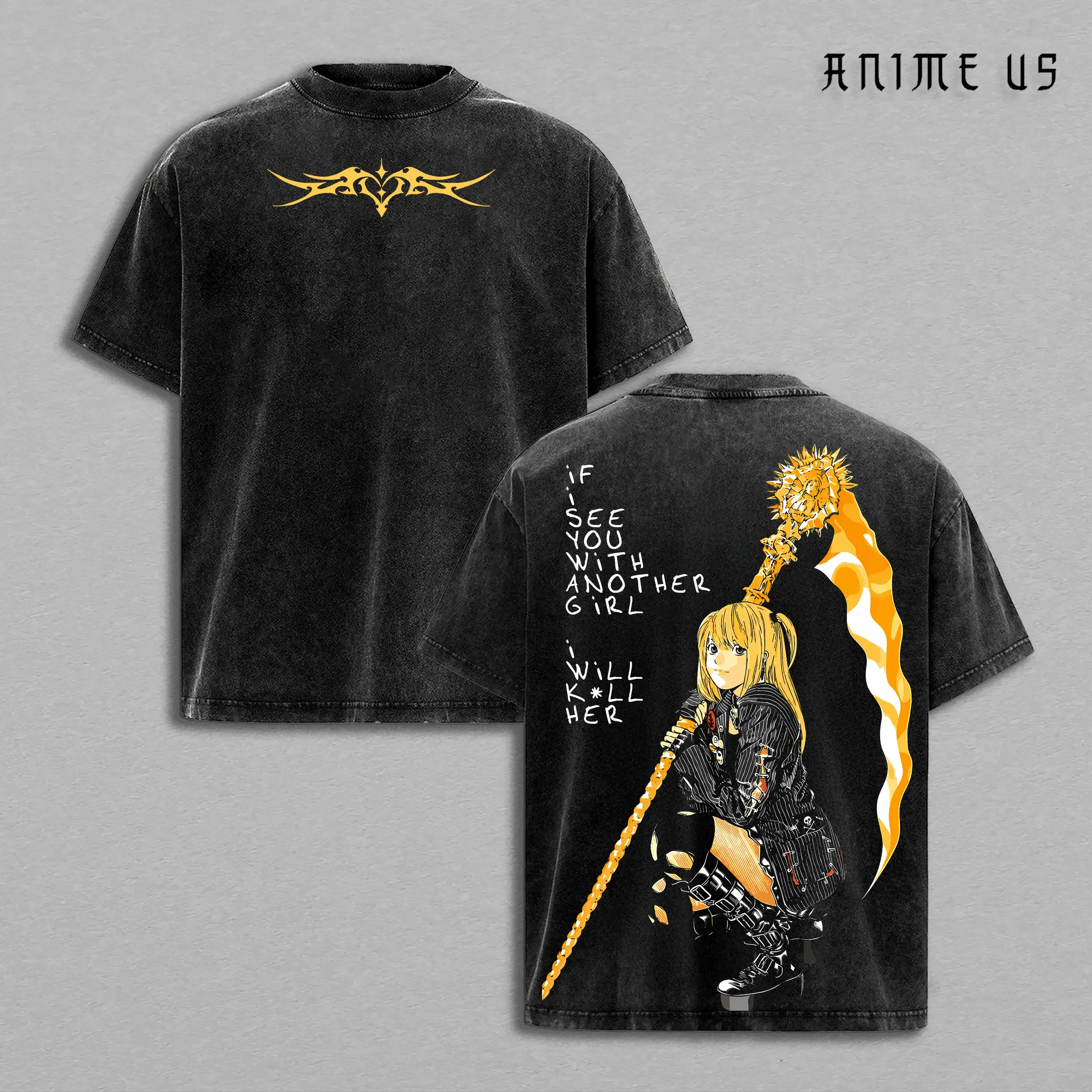 Misa Amane Death Note Vintage Washed Graphic T-Shirt | Goth Doll Killer Love Aura Anime Tee | Large Back Print Y2K Retro Streetwear Men's Daily Wear