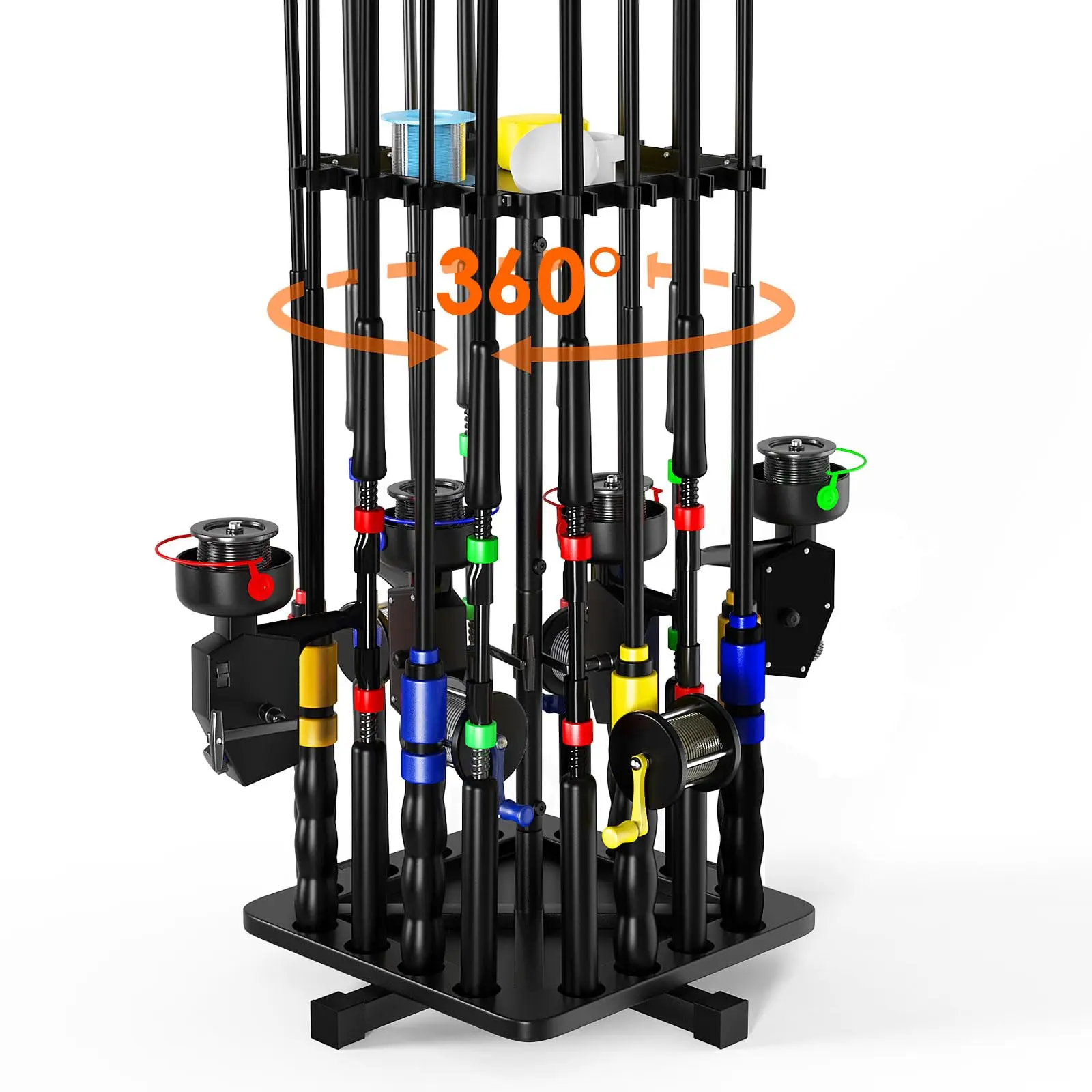 Carbon Steel 360° Rotating Fishing Rod Holder for Garage Holds 16 Rods Easy Install Space Saving Sturdy Rack Organizer for Men Black Bracket Shelf
