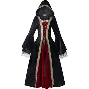 Women’s medieval renaissance gothic victorian velvet hooded witch/vampire cosplay long bell-sleeve A-line dress for Halloween pirate festival parties with belt and gloves; fantasy costume, Halloween decoration, vampire costume, witch dress