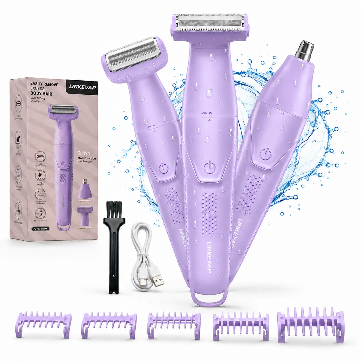 LINKEVAP Bikini Trimmer for Women, 3-in-1 Electric Shaver & Body Hair Remover, IPX6 Waterproof USB Rechargeable Razor for Legs, Underarms, Face & Nose, 5 Guide Combs