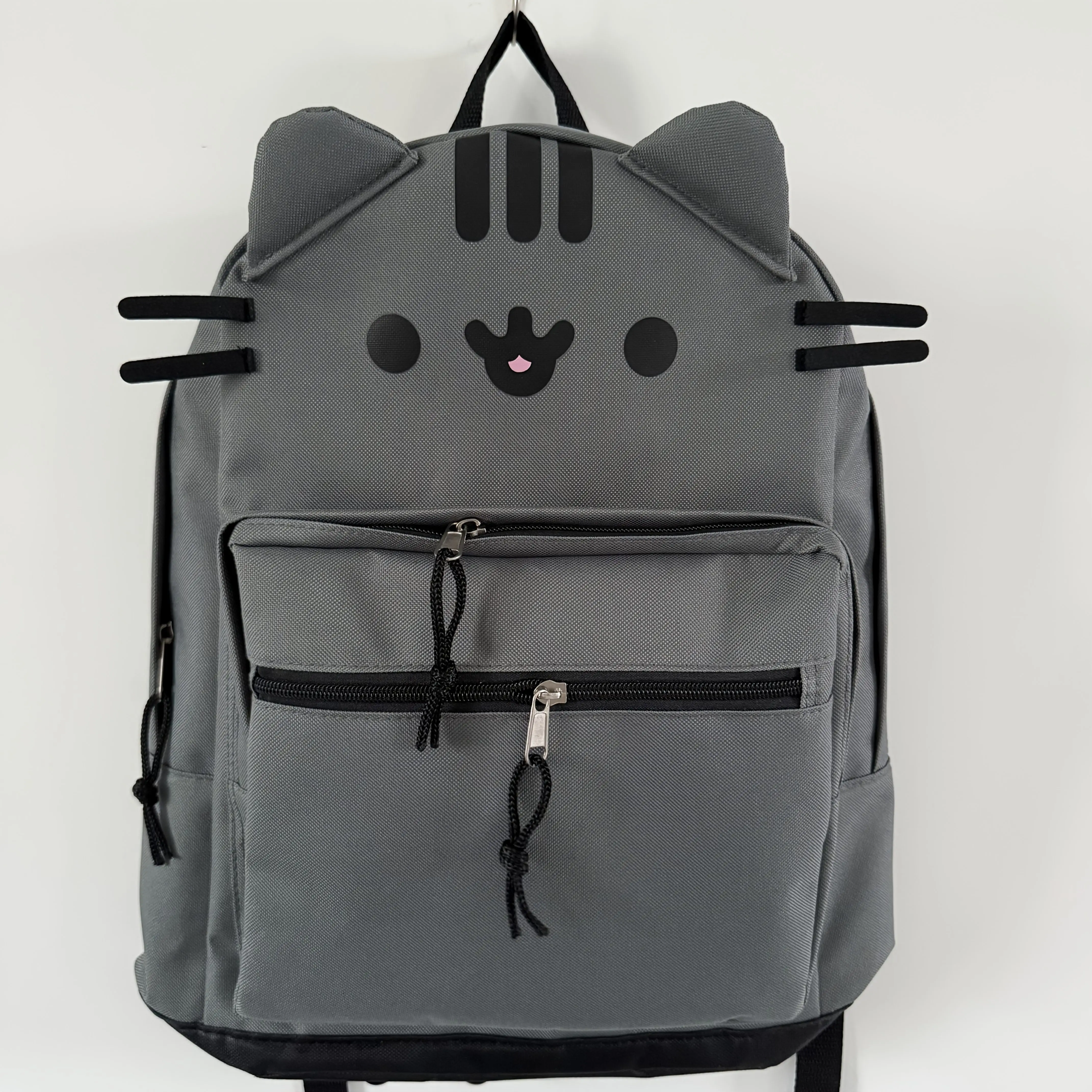Unisex Animal Cute Cat Print Backpack - Twin Back Design, Lightweight Casual Children's School Bag, Adjustable Shoulder Strap, Zipper Closure, Black&Grey Tabby Pattern, Durable Easy-Clean Material, School-Travel Versatility, Stylish Daypack