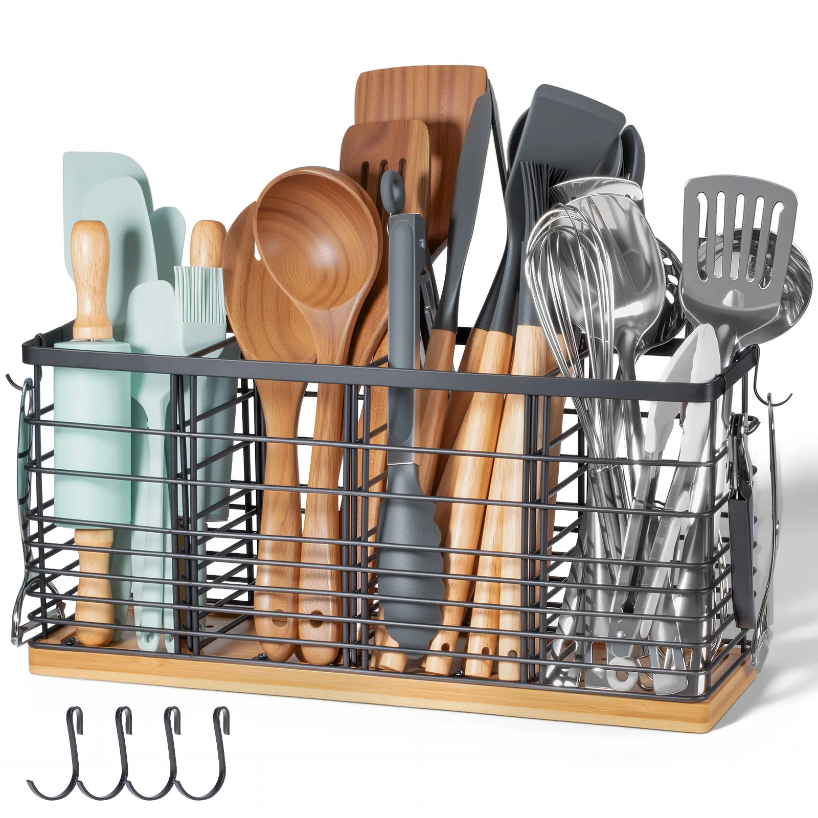 Matte Black Rectangle Kitchen Utensil Rack - 4-Compartment Extra Large, Wooden Base, Adjustable Shelf Rack, Metal Countertop Organizer, 4 Hooks for Tool Storage, Home Supplies (30-40 Pieces, Ideal for Birthdays)