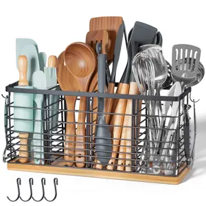 4 Compartments Extra Large Kitchen Utensil Holder with Wooden Base, Metal Organizer for Kitchen Countertop, Matte Black Cooking Utensils Holder with 4 Hooks for Tools Storage