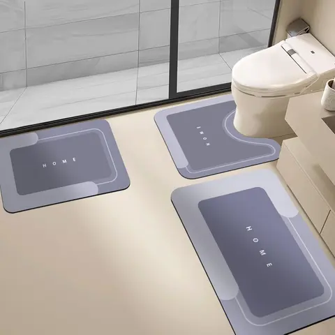 3PCS Geometric Modern Diatomite Bath Mats Set - Non-Slip, Highly Absorbent, Fast Drying, Durable, Minimalist "HOME" Letter Rectangle Design, Dry-Safe Footing, Tub Use, Bathroom Decor, Anti-Slip, Bath Mat Non Slip, Anti-Slip Bath Mats