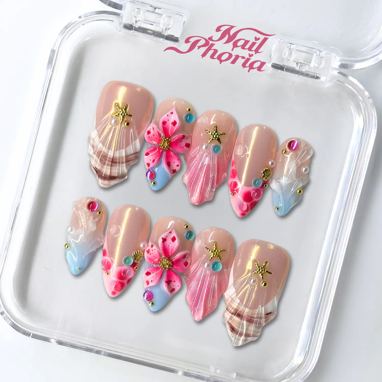 NailPhoria SAKURA TIDE -SUMMER Handmade Press-On Nails | Reusable, Salon-Quality, Long-Lasting, Glossy Design