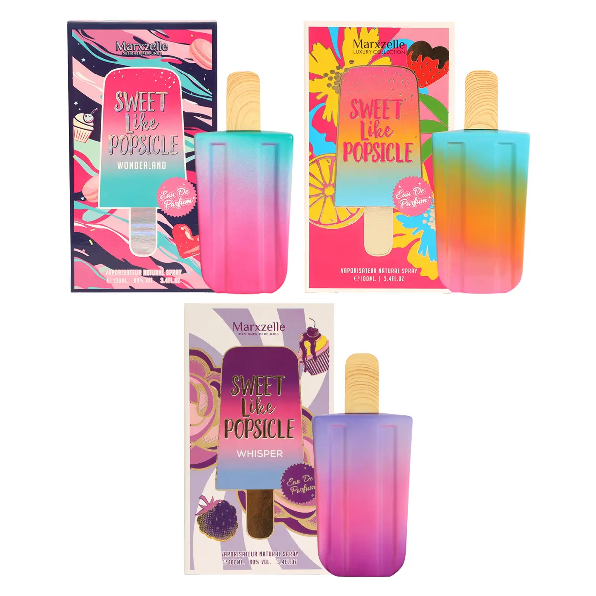 Trio Bundle of Marxzelle Luxury Collection and Designer Perfume Sweet Like Popsicle Eau De Parfum Natural Spray 100Ml/3.4fl.oz.
