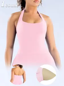1/2/3 Pcs Women's Yoga Halter Neck Tank Top with Removable Pads, Three-Layer Seamless Backless Tank Tops Casual Solid Color Soft All Seasons Wear Athletic Fitted Breathable