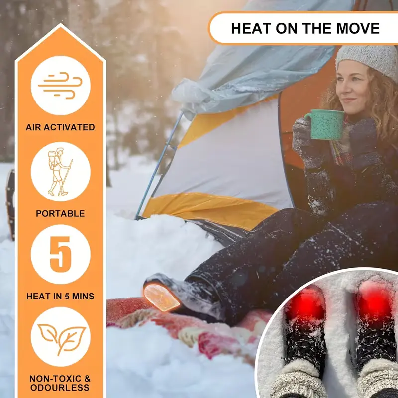 50-Piece Disposable Foot Warmers - 10-hour lasting warmth, air-activated instant heat, odorless and safe heating pads for hiking, camping, hunting, indoor/outdoor use - 12-hour continuous warmth, fast self-heating winter foot patches