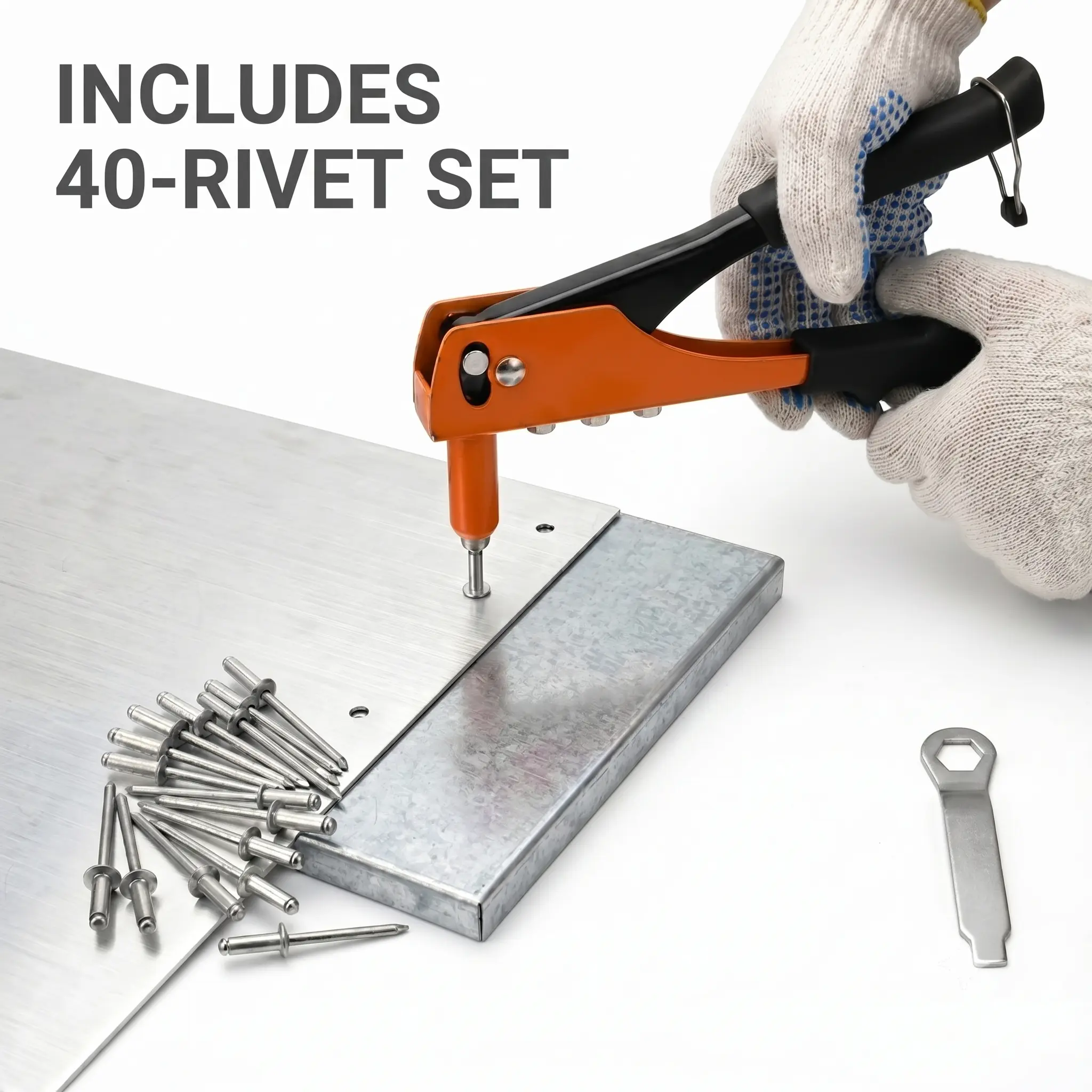 9.5" Heavy Duty Hand Riveter Tool Kit with 40 Pcs Rivets - Professional Pop Rivet Gun, Ergonomic Non-Slip Handle, Blister Case for Metal/Plastic DIY Projects, Furniture, Secure Permanent Bond, Plastic/Metal, Secure And Permanent Bond