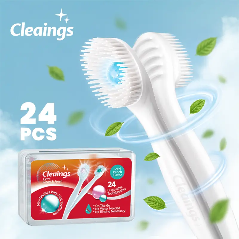 Cleaings 4-in-1 Portable Mini Brushes Set Toothbrush Toothpaste Toothpick Tongue Scraper Burst Bead Fresh Breath Mint Flavor 24 Count Travel Oral Care