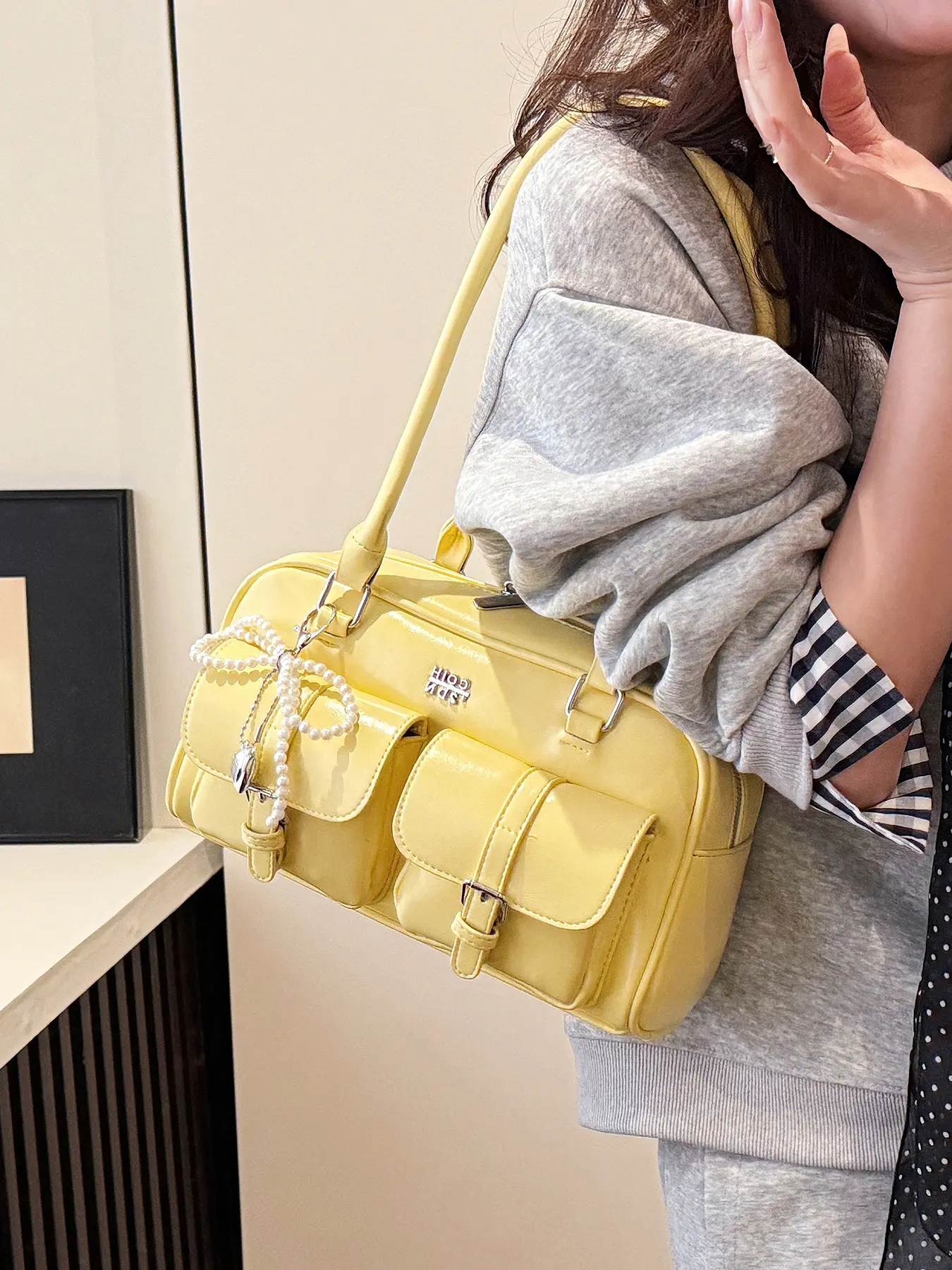 Simple versatile retro style single shoulder bag, pearl butterfly pendant double button pocket, multifunctional large capacity daily wear bag, Casual, Stylish Crossbody Bags, Casual Fashion Bag