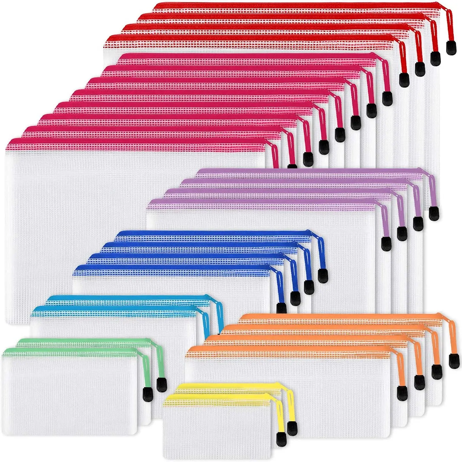 30pcs Mesh Zipper Pouch Bags, 8 Sizes Plastic Zipper Bags, 8 Colors Waterproof Zipper Pouches for Organization, Multipurpose for Travel, School Supplies, Office Appliances and Home Organization