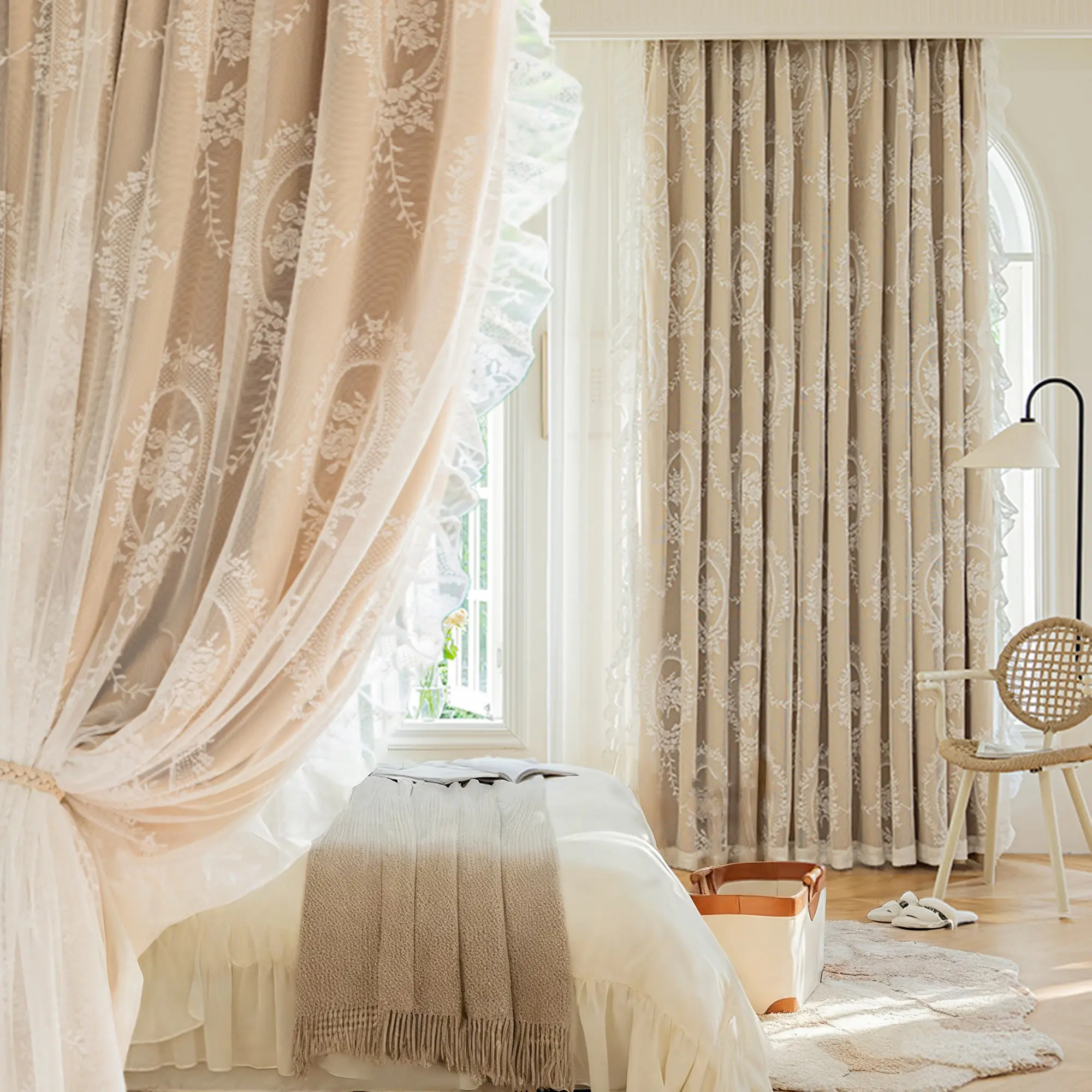 Double Layer Lace Blackout Curtains, Curtain Panels, Noise Reducing Thermal Insulation Fabric Drapes for Kids Room Bedroom Living Room Study Window Decor