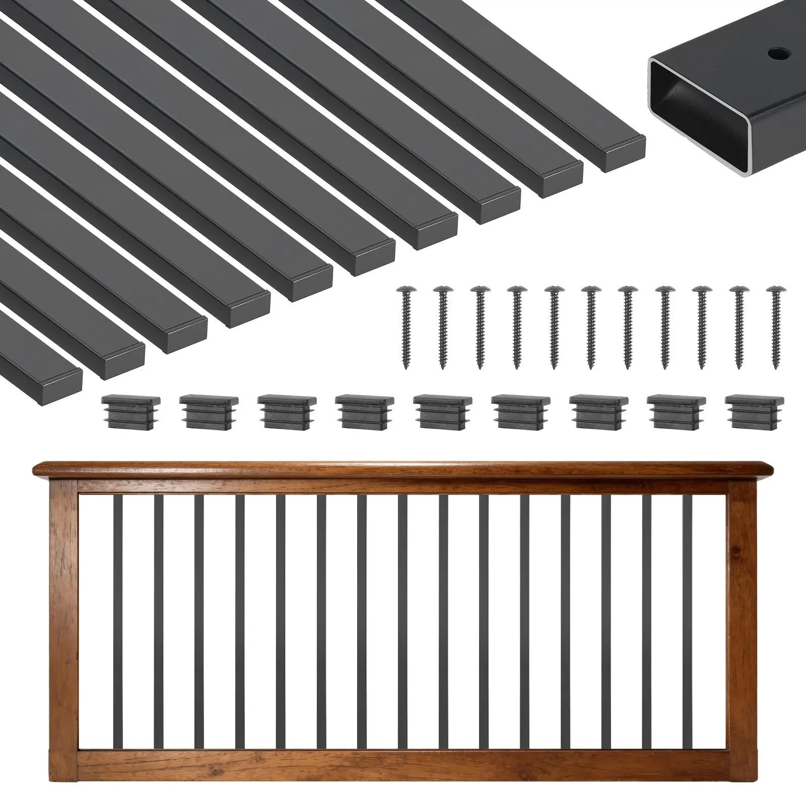 61 Pack Deck Balusters, 36-Inch Galvanized Steel Railing Spindles, Hollow Rectangle Metal Stair Balusters With Pre-Drilled Holes, End Caps, Screws, For Deck, Porch & Stair Railing, Black