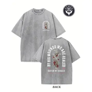 Retro Vintage Creative Pattern "We Are Healed Christian" Washed T-shirt Double-sided Printed T-shirt Heavy 230g Pure Cotton Falling Shoulder T-shirt Men'S Retro Street T-shirt Basic T-shirt Loose Hip Hop Universal Top Washed Retro T-shirt Short Tshirt