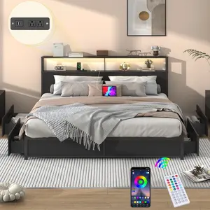 LED Queen Bed Frame with 2 USB Ports and Outlets, Platform Metal Bed Frame with 4 Storage Drawers and Headboard, No Box Spring Needed, Noise-Free
