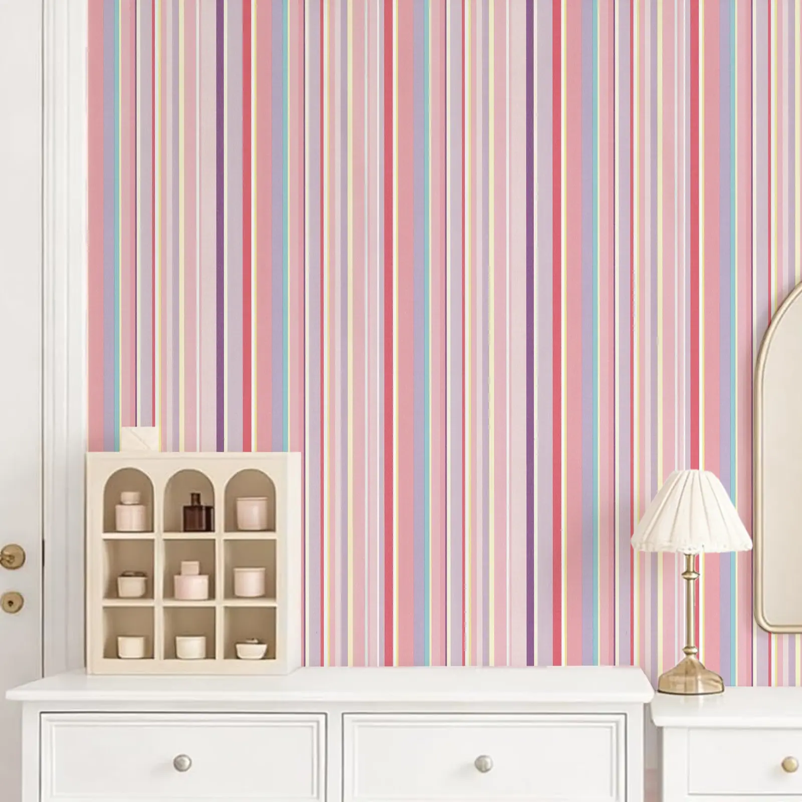 Multicolor Striped Peel-And-Stick Wallpaper Roll, Interior Wall DIY Wallpapers, Removable Self-Adhesive Wall Decor, Decorative Wallpaper, Ideal for Living Room, Girl's Bedroom, Kids' Room