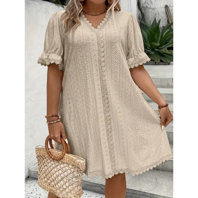 Elegant Pink V-Neck Knit Dress with Lace Trim and Eyelet Details - Casual Court Style, Loose Fit, Machine Washable - Women's Fashion, Allseason Attire|Chic Casual Wear|Machine Washable Fabric, Cute Dress
