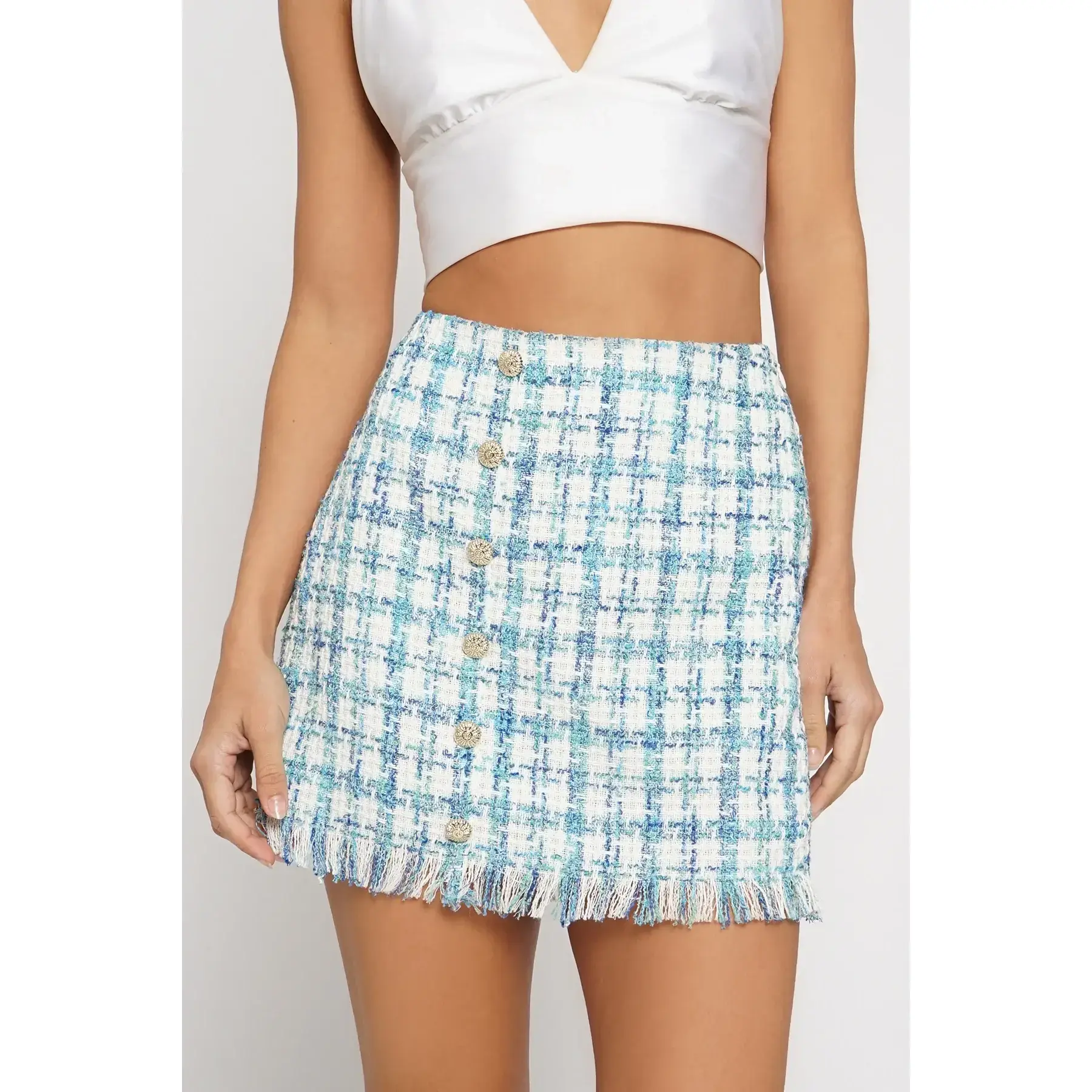 Women's Boucle Mini Skirt - Frayed Bottom, Button Front Detail - GSS895