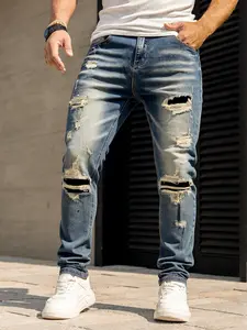 Men's jeans with cut and patched hole craftsmanship, retro blue slim stretch Denim fabric, multiple dark patches and irregular tear designs, vintage washed retro street style Streetwear