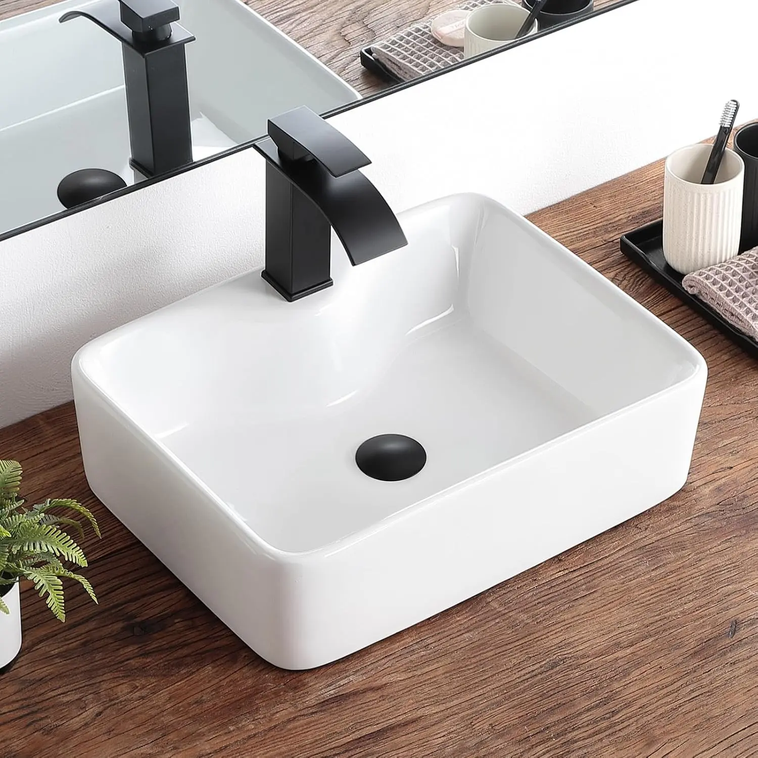 Bathroom Vessel Sink 19"x15" Rectangular White Bathroom Sink with Faucet Hole Porcelain Ceramic Modern Above Counter Vanity Sinks