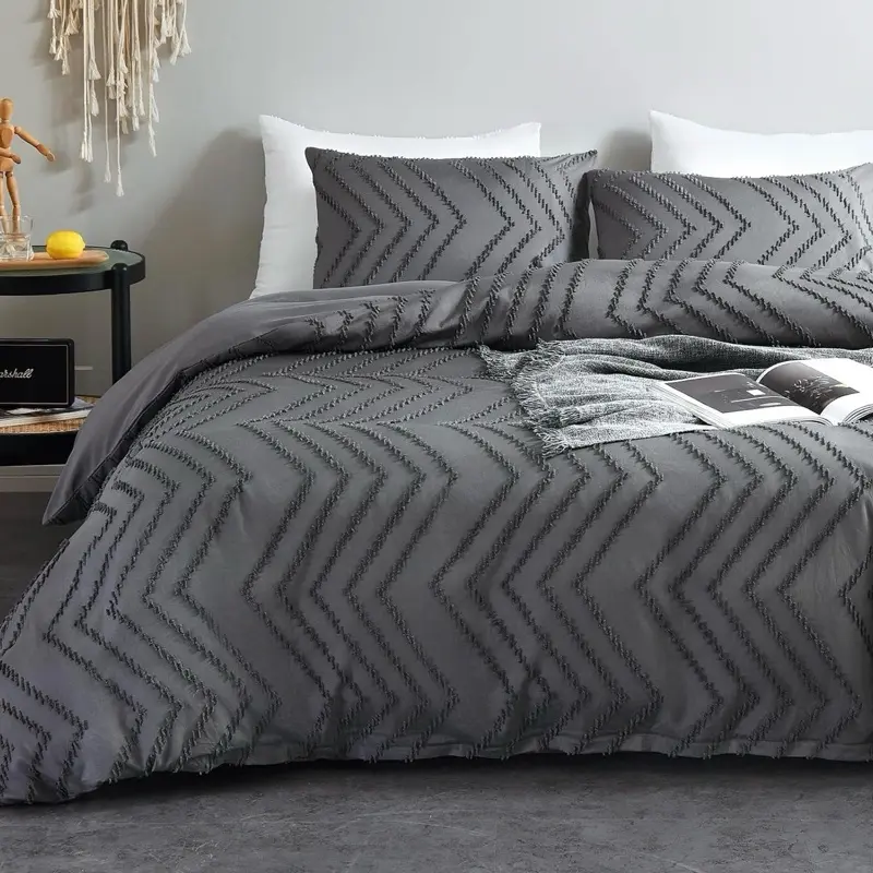 WARMDERN King Size Boho Tufted Duvet Cover Set - 3-Piece Soft Washed Microfiber Bedding with Embroidery, Shabby Chic Design, and Zipper Closure (Grey)