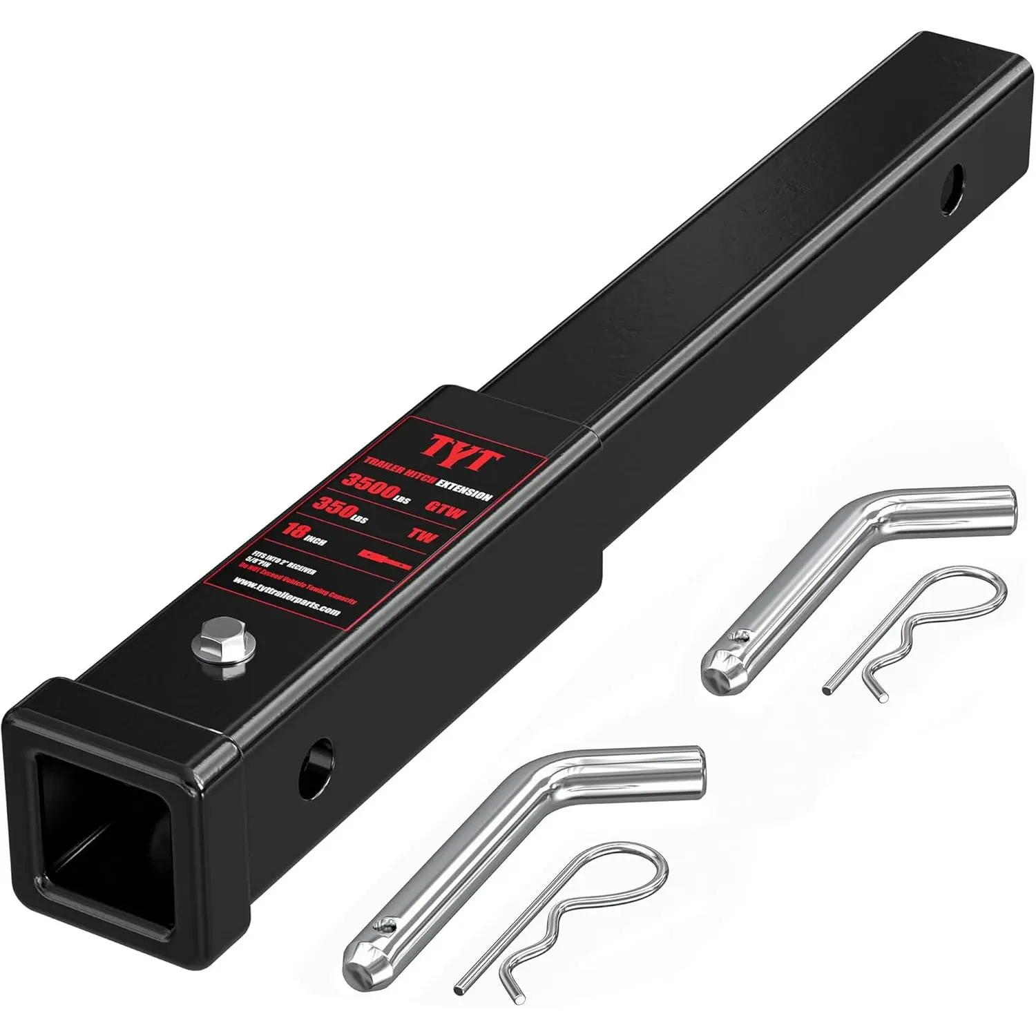 TYT Trailer Hitch Extension - 18-in Length, 2-in Receiver Tube Fit, 5/8-in Advanced Hitch Pin (2-Pack), 3500lb GTW, 350-lb TW