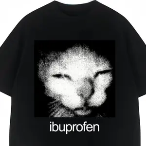 Black Plus Size "Ibuprofen" Meme Cat Face Graphic Cotton T-Shirt, Casual Loose Crew Neck Tee Ideal Holiday Gift