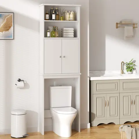 Walsunny 75'' Over The Toilet Storage Shelf, Tall Bathroom Organizer, Washing Machine cabinet, Space Saver with Adjustable Decorative Racks, White