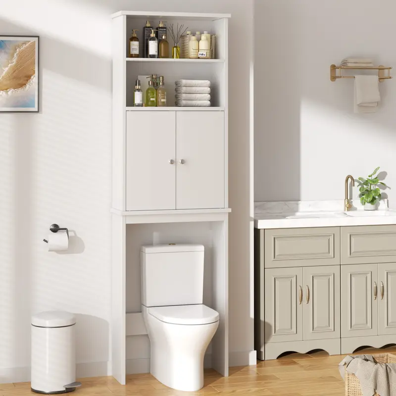 Walsunny 75'' Over The Toilet Storage Shelf, Tall Bathroom Organizer, Washing Machine cabinet, Space Saver with Adjustable Decorative Racks, White