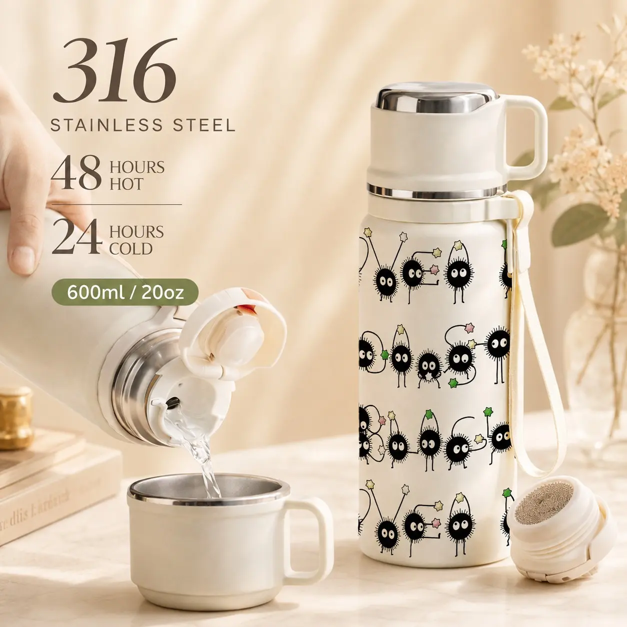 Kiki & Kiki Coal Ball Insulated Cup 600ML/20oz Tumbler, Dual-Layer Insulation, Leak-Proof Design, Keeps Hot 12 Hours, Cold 24 Hours, Unisex, Mother's Day Gift, 316 Stainless Steel